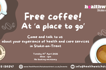 Images of coffee cups and coffee beans on brown background, with logos of Tunstall Together CIC and Healthwatch Stoke-on-Trent